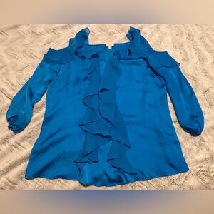 Hot in Hollywood Blue Ruffle Cold Shoulder Blouse